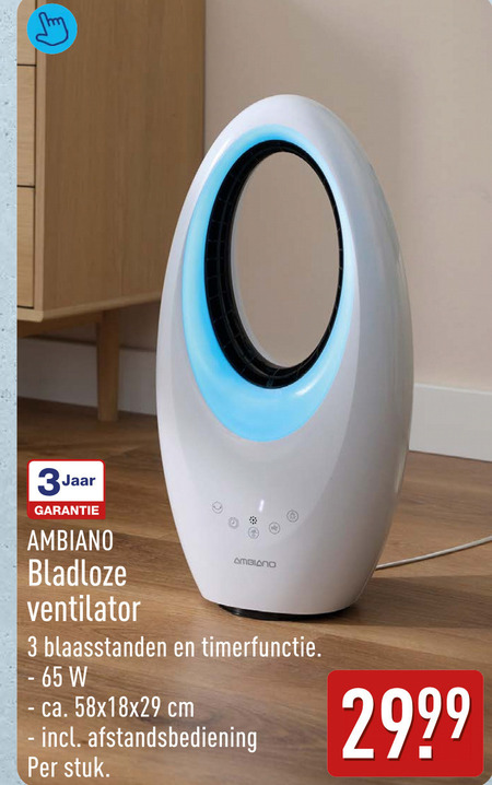 ventilator 3 65 3jaar bladloze blaasstanden timerfunctie ca. cm afstandsbediening stuk folder aanbieding bij Aldi