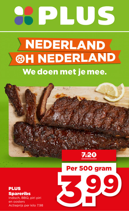 spareribs 500 nederland doen indisch bbq piri oosters actieprijs kilo 3.99 folder aanbieding bij Plus