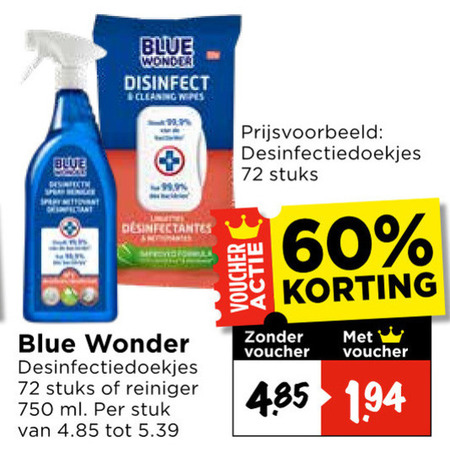 Blue Wonder   vochtige schoonmaakdoekjes, allesreiniger folder aanbieding bij  Vomar - details