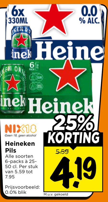 heineken 0.0 blikjes bier 6 18 25 50 6x 330ml reine orig pack nix18 alcohol pils soorten stuk blik gekoeld folder aanbieding bij Vomar Heineken 0.0 blikje bier folder aanbieding bij Vomar - details