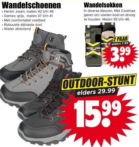 wandelschoenen wandelsokken 2 35 42 46 heren zwart maten dames grijs comfortabel voetbed robuuste slijtvaste zool afstotend kleuren coolmax garen voeten koel droog paar maling elders 3 99 outdoor 15 folder aanbieding bij Dirk