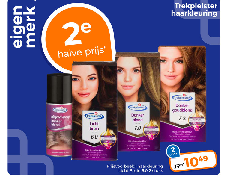 trekpleister huismerk haarkleuring 2 3 90 100 merk 2e halve uitgroei spray donker blond licht bruin keratine que rijke kleur natuurlijke glans grijsdekking goudblond stuks folder aanbieding bij Trekpleister Trekpleister Huismerk haarkleuring folder aanbieding bij Trekpleister - details