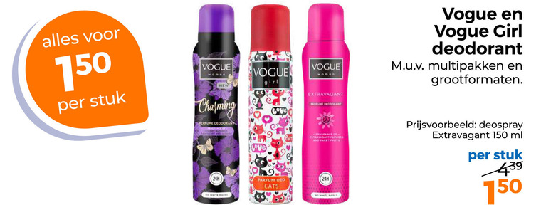 vogue deodorant 150 750 stuk new girl charming perfume extravagant parfum deo cats multipakken grootformaten fragrance flowers and sweet fruits white deospray ml folder aanbieding bij Trekpleister Vogue deodorant folder aanbieding bij Trekpleister - details