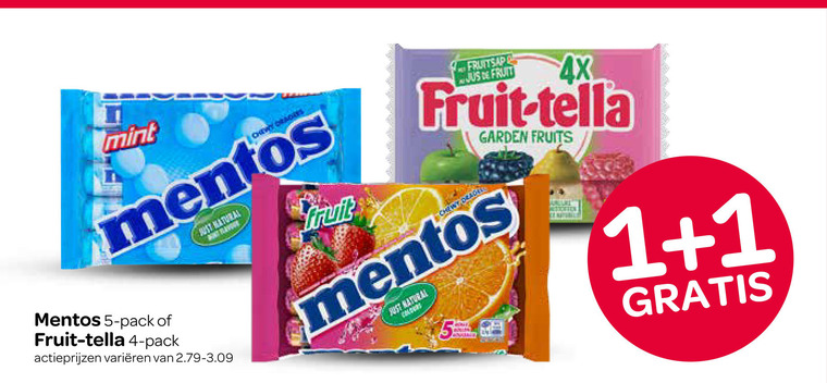 fruit-tella mentos snoep 1 4 5 mint pack fruit varieeren just natural fruitsap jus 4x natura garden fruits stoffen folder aanbieding bij Spar Mentos snoep folder aanbieding bij Spar - details