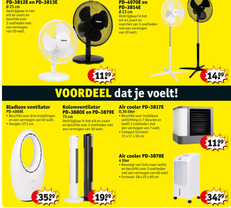 ventilator 3 4 7 17 18 20 23 25 28 30 60 cm wit zwart snelheden vermogen watt bladloze drie instellingen hoogte voordeel voelt kolomventilator air cooler liter instelbare verlichting kleuren compact formaat beweegt links rechts folder aanbieding bij Kruidvat