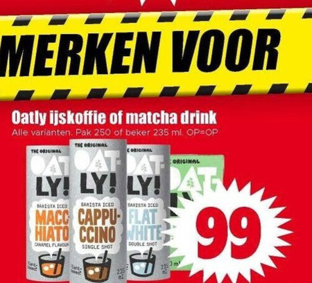 oatly ijskoffie 99 250 merken drink pak beker ml original barista iced flat white caramel flavour single shot double folder aanbieding bij Dirk Oatly ijskoffie folder aanbieding bij Dirk - details