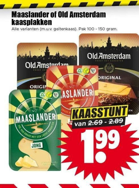 old amsterdam maaslander kaasplakken 100 150 geitenkaas pak origin zacht karakter jong original folder aanbieding bij Dirk Maaslander kaasplakken folder aanbieding bij Dirk - details