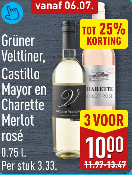 witte wijn rose 3 25 1000 veltliner castillo mayor charette merlot rosee l stuk folder aanbieding bij Aldi