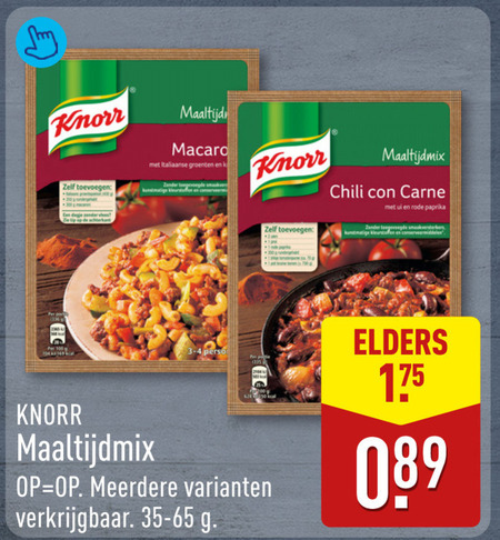 knorr maaltijdmix vlees maaltijd italiaanse groenten toegevoegde kunstmatige kleurstoffen chili carne ui rode paprika smaakversterkers conserveermiddelen 100g perso elders meerdere folder aanbieding bij Aldi Knorr maaltijdmix folder aanbieding bij Aldi - details
