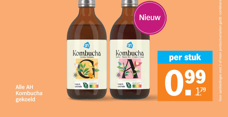 frisdrank 2 kombucha gember kurkuma aardbei blauwe bes laag stuk gekoeld productvarianten combineren folder aanbieding bij Albert Heijn