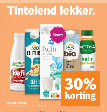 drinkyoghurt 30 tintelend kefir naturel heal gefermenteerde milde melkdrank be puur licht sprankelend activia miljarden probiotica gisten for bosvrucht levende culturen lactosevrij natuur boer nutri score gekoeld varieeren folder aanbieding bij Albert Heijn