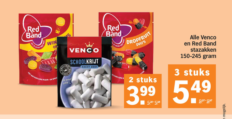venco red band snoep drop 2 3 99 win redband natuurlijke kleur enige schoolkrijt zacht zoet and dropfruit stuks stazakken 150-245 folder aanbieding bij Albert Heijn Red Band drop, snoep folder aanbieding bij Albert Heijn - details