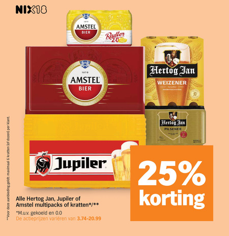 amstel hertog jan jupiler blikjes bier krat 1 6 18 25 1870 aanbieding maximaal kratten dozen bieren radler citroen weizener aromatisch fris stel pilsener zacht bitter multipacks m.u.v gekoeld 0.0 varieeren folder aanbieding bij Albert Heijn Amstel krat bier, blikje bier folder aanbieding bij Albert Heijn - details