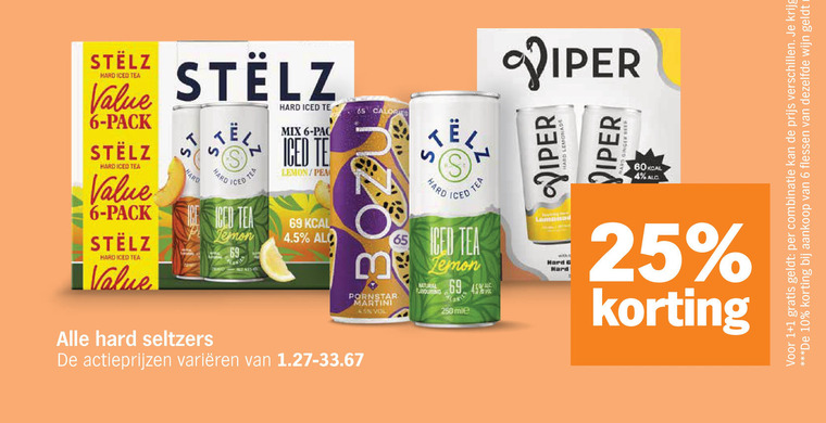 viper stelz bozu hard seltzer 1 4 6 10 25 45 65 69 250 combinatie flessen dezelfde wijn iced tea pack ice mix lemon martini varieeren lemonade natural folder aanbieding bij Albert Heijn Stelz hard seltzer folder aanbieding bij Albert Heijn - details