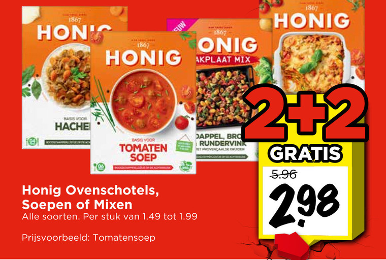 honig soep maaltijdmix 1867 basis tomaten mix aardappel rundervinken ovenschotels soepen mixen soorten stuk tomatensoep kruiden folder aanbieding bij Vomar Honig maaltijdmix, soep folder aanbieding bij Vomar - details