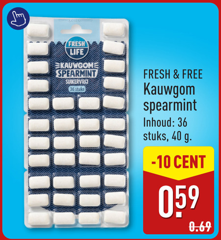 kauwgom 36 40 fresh life spearmint suikervrij stuks free inhoud cent folder aanbieding bij Aldi