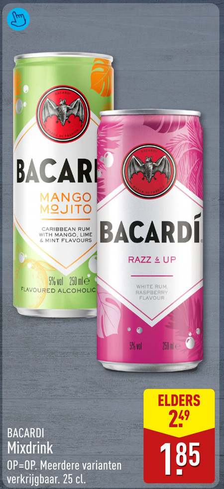 bacardi mixdrank 5 25 250 mango mojito caribbean rum with lime mint flavours flavoured alcoholic razz up white raspberry flavour mixdrink meerdere ml elders folder aanbieding bij Aldi Bacardi mixdrank folder aanbieding bij Aldi - details