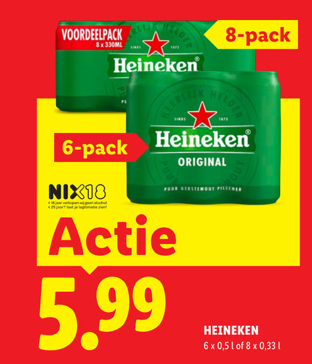 heineken blikjes bier 6 8 18 25 pack 330ml nix18 jaar alcohol legitimatie helder original puur gerstemout pilsener 5.99 33 folder aanbieding bij Lidl Heineken blikje bier folder aanbieding bij Lidl - details