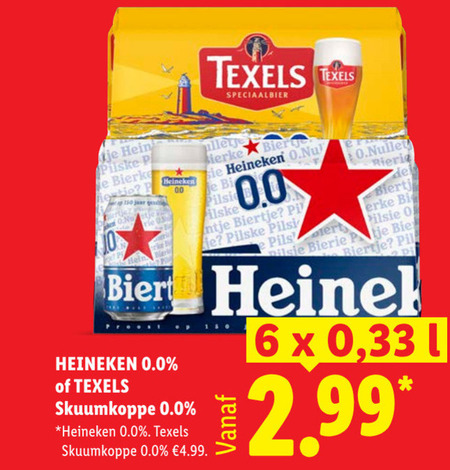heineken 0.0 texels blikjes bier alcoholvrij 2 6 150 00 speciaalbier biertje pils pil skuumkoppe 33 l folder aanbieding bij Lidl Texels blikje bier, alcoholvrij bier folder aanbieding bij Lidl - details