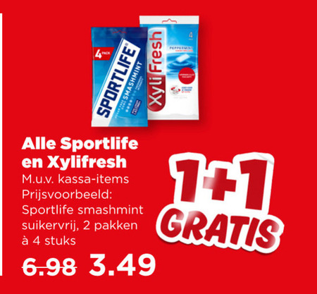 sportlife kauwgom 1 2 4 fresh peppermint xylifresh kassa smashmint suikervrij pakken stuks folder aanbieding bij Plus Sportlife kauwgom folder aanbieding bij Plus - details