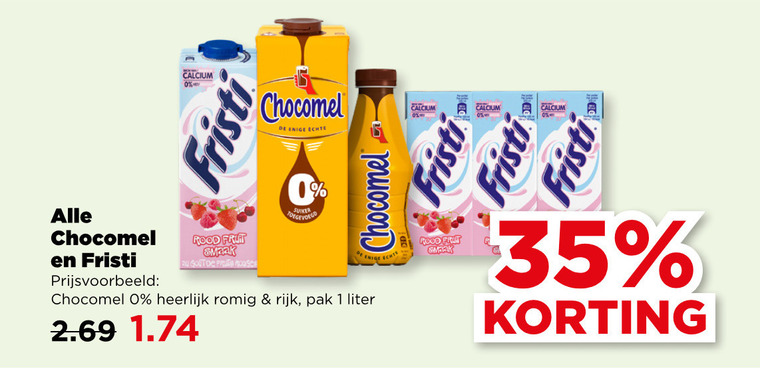 chocomel fristi chocolademelk drinkyoghurt 1 35 calcium enige rood gout fruits romig rijk pak liter folder aanbieding bij Plus Chocomel chocolademelk, drinkyoghurt folder aanbieding bij Plus - details