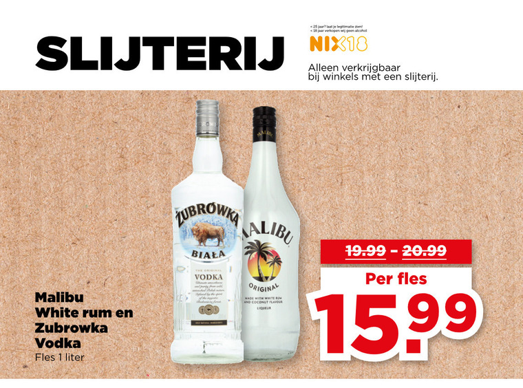 likeur wodka 1 18 25 slijterij jaar legitimatie alcohol nix18 winkels malibu white rum vodka fles liter original with and coconut flavour 15 99 folder aanbieding bij Plus