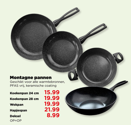 hapjespan koekenpan wokpan 24 28 montagne pannen warmtebronnen vrij keramische coating cm deksel folder aanbieding bij Plus