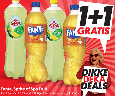 sprite spa en fruit fanta fruitdrank frisdrank 1 2 lemon cactus bruisend natural origin orange less sugar fan fles liter flessen dikke deka deals folder aanbieding bij Dekamarkt Fanta frisdrank, fruitdrank folder aanbieding bij Dekamarkt - details