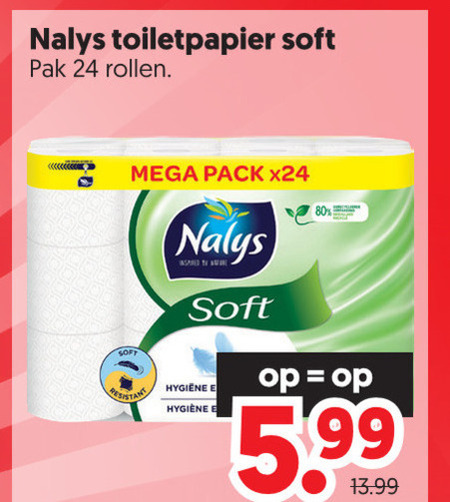 nalys toiletpapier 24 80 soft pak rollen mega pack inspired before resistant 5.99 folder aanbieding bij Dekamarkt Nalys toiletpapier folder aanbieding bij Dekamarkt - details