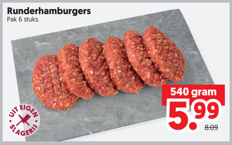 hamburgers 6 runderhamburgers pak stuks slagerij 5.99 folder aanbieding bij Dekamarkt