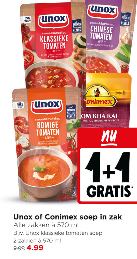 unox conimex soep 1 2 groenten zak klassieke tomaten grof gesneden courgette paprika gehaktballetjes vezels chinese lente ui mie romige zongedroogde tomaat mascarpone basilicum since it pittige thaise kippensoep zakken ml folder aanbieding bij Jumbo Unox soep folder aanbieding bij Jumbo - details