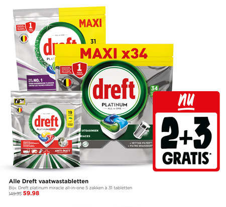 dreft vaatwasmiddel 1 2 3 5 19 31 34 reiniging nettoyage keer notre all one dr plat hardnekkige vlekken les taches coriaces platinum courts capsules citroen citron anti matt technology maxi uitdagingen vettige filter graisseux vaatwastabletten miracle zakken tabletten folder aanbieding bij Jumbo Dreft vaatwasmiddel folder aanbieding bij Jumbo - details