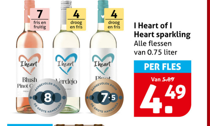 i heart witte wijn rose 4 7 8 fris fruitig droog blush pinot fresh hamersma sparkling flessen liter fles 44 folder aanbieding bij Hoogvliet I Heart rose, witte wijn folder aanbieding bij Hoogvliet - details
