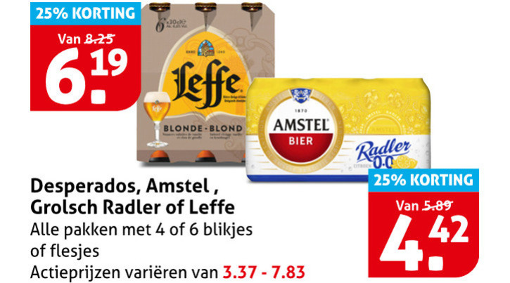 amstel desperados leffe grolsch speciaalbieren radler bier blikjes 4 6 25 1870 blonde blond pakken 0.0 varieeren folder aanbieding bij Hoogvliet Amstel radler bier, blikje bier folder aanbieding bij Hoogvliet - details