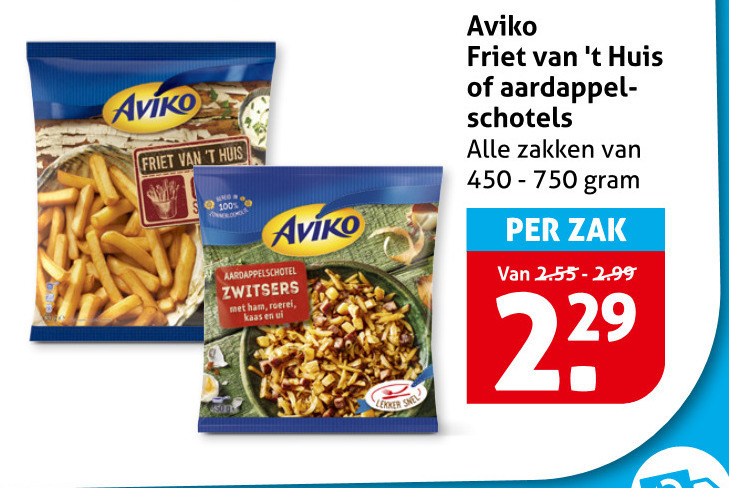 aviko aardappelproducten patat 100 friet huis aardappelschotel zwitsers ham kaas aardappel schotels zakken zak folder aanbieding bij Hoogvliet Aviko patat, aardappelproduct folder aanbieding bij Hoogvliet - details