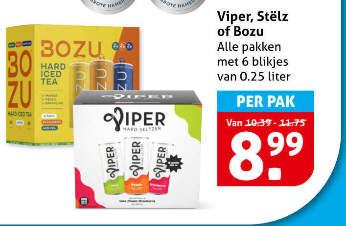 viper stelz bozu hard seltzer 2 5 6 30 iced tea mango 2x peach pack pakken blikjes 0.25 liter pak folder aanbieding bij Hoogvliet Stelz hard seltzer folder aanbieding bij Hoogvliet - details