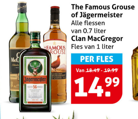 jagermeister clan macgregor famous grouse kruidenbitter whisky 1 flessen liter fles folder aanbieding bij Hoogvliet Famous Grouse kruidenbitter, whisky folder aanbieding bij Hoogvliet - details