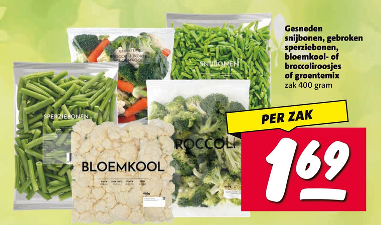 sperziebonen broccoli snijbonen bloemkool 400 wortel oven slopen gesneden gebroken broccoliroosjes groentemix zak folder aanbieding bij Nettorama