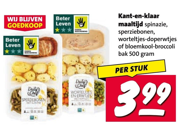 hollandse kant en klaar maaltijd 500 beter leven daily sperziebonen worteltjes spinazie doperwtjes bloemkool broccoli bak stuk 3.99 folder aanbieding bij Nettorama