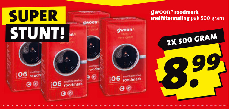 gwoon koffie 500 super verzet vers snelfiltermaling roodmerk pak 2x 06 folder aanbieding bij Boni Gwoon koffie folder aanbieding bij Boni - details