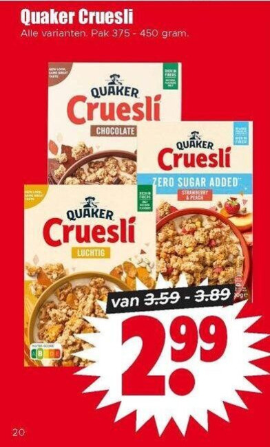 quaker cruesli 20 450 pak chocolate luchtig zero sugar added strawberry peach folder aanbieding bij Dirk Quaker cruesli folder aanbieding bij Dirk - details