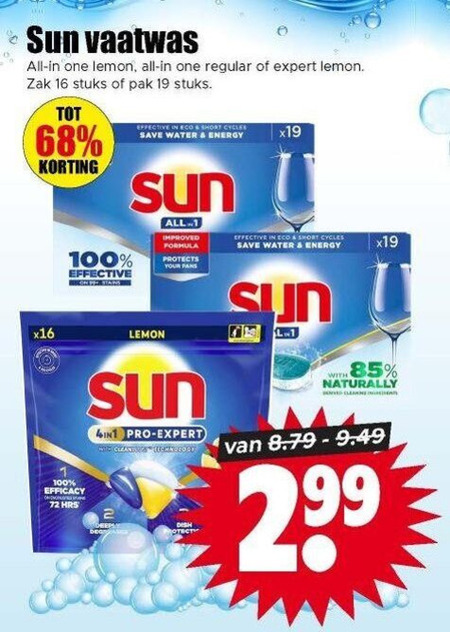 sun vaatwasmiddel 16 19 100 vaatwas all one lemon regular expert zak stuks pak effective eco short save water energy improved formula protects your efficacy l 4in1 pro cleaner with naturally cleaning folder aanbieding bij Dirk Sun vaatwasmiddel folder aanbieding bij Dirk - details