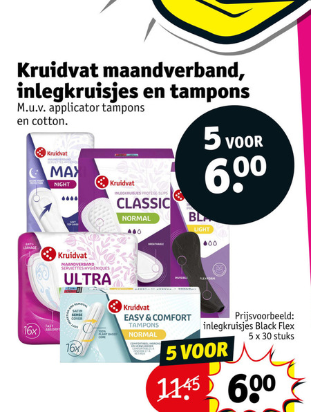kruidvat huismerk inlegkruisjes tampons maandverband 5 30 100 600 applicator cotton secure night protection serviettes top slips classic normal leakage ultra breathable light invisible flexiform 16x fast and removal satin sense cover plant based core easy comfort comfortabel verwijderen black flex stuks folder aanbieding bij Kruidvat Kruidvat Huismerk tampons, maandverband folder aanbieding bij Kruidvat - details