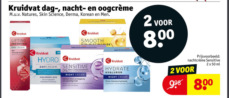 kruidvat huismerk nachtcreme dagcreme 2 24 50 dag nacht natures skin science derma korean men lifting pro retinol hydro smooth eye cream 45 huid la peau daycream gemengde peaux normales mixtes hyaluronic acid uur hydratatie hydratation heures sensitive parfum alcohol kleurstoffen colorants night kalmeert langdurig gevoelige apaisant trees sensibles intensieve intense pendant ml folder aanbieding bij Kruidvat Kruidvat Huismerk dagcreme, nachtcreme folder aanbieding bij Kruidvat - details