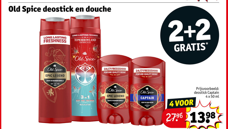 old spice deodorant douchegel 1 2 3 4 50 deostick douche lasting freshness tomorrowland edition epic legend scent bourbon vanilla body hair face washi 24 7 perfume quality wash rockstar stick captain fierce ocean ml folder aanbieding bij Kruidvat Old Spice douchegel, deodorant folder aanbieding bij Kruidvat - details