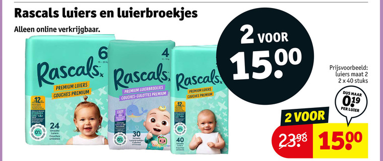 rascals luierbroekjes luiers 2 4 6 10 12 24 30 40 1500 online contest core premium uniseks culottes maat stuks luier folder aanbieding bij Kruidvat Rascals luiers, luierbroekjes folder aanbieding bij Kruidvat - details