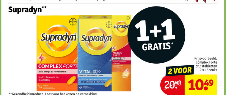 supradyn voedingssupplement 1 2 15 b bayer complex forte energie multivitamines mineralen tabletten tablet dag vital 50 lichamelijk vitaal o.a. olijfextract vitamine gezondheidsproduct lees bruistablet zoetstoffen bruistabletten stuks folder aanbieding bij Kruidvat Supradyn voedingssupplement folder aanbieding bij Kruidvat - details
