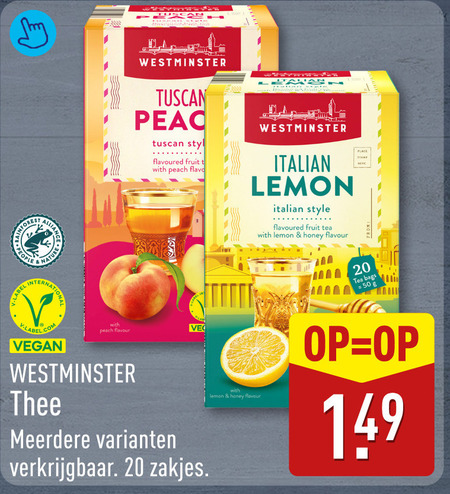 westminster thee 20 nature label with peach flavour tuscan style flavoured fruit flavo italian lemon tea honey bags meerdere zakjes folder aanbieding bij Aldi Westminster thee folder aanbieding bij Aldi - details
