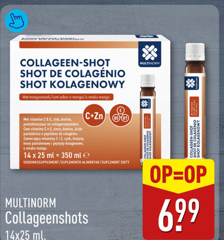 voedingssupplement 14 25 350 collageen shot sabor manga mango vitamine zink biotine pantotheenzuur ml multinorm folder aanbieding bij Aldi