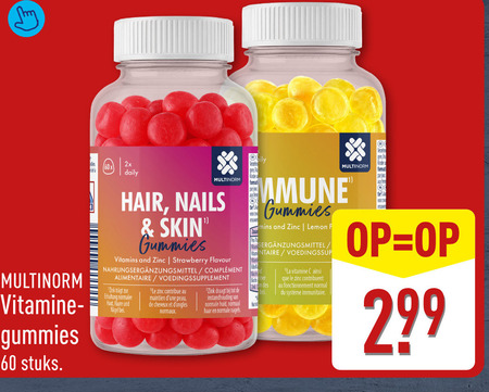 voedingssupplement 60 mm multinorm vitamine gummies stuks 2x hair nails skin vitamins and zinc strawberry flavour zink haut le peau cheveux draagt instandhouding huid normaal haar nagels aux format jour lemon des la que normal du folder aanbieding bij Aldi